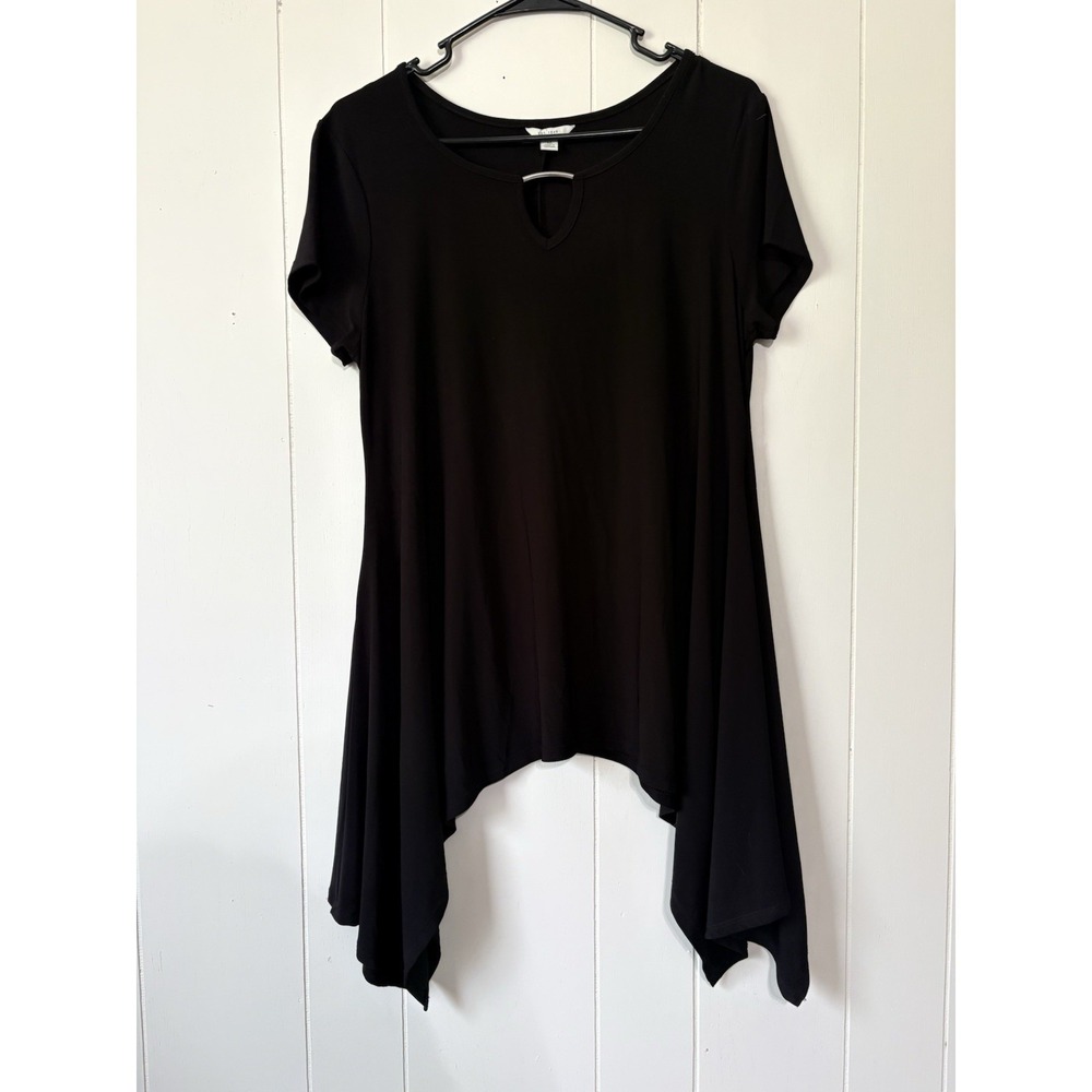 Women's Black Handkerchief Hem Tunic Top Keyhole Neck Short Sleeve Size M